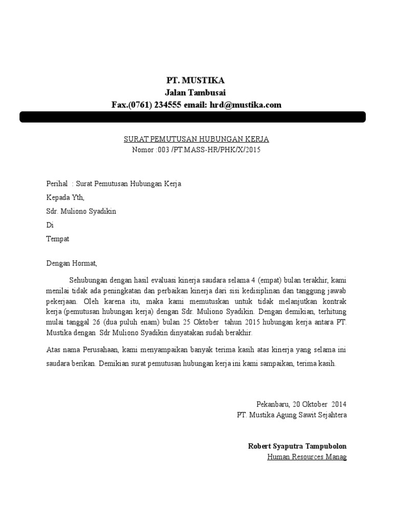 Surat Rasmi Diberhentikan Kerja Oleh Majikan - Tersoal m Surat Rasmi Diberhentikan Kerja Oleh Majikan - Tersoal m