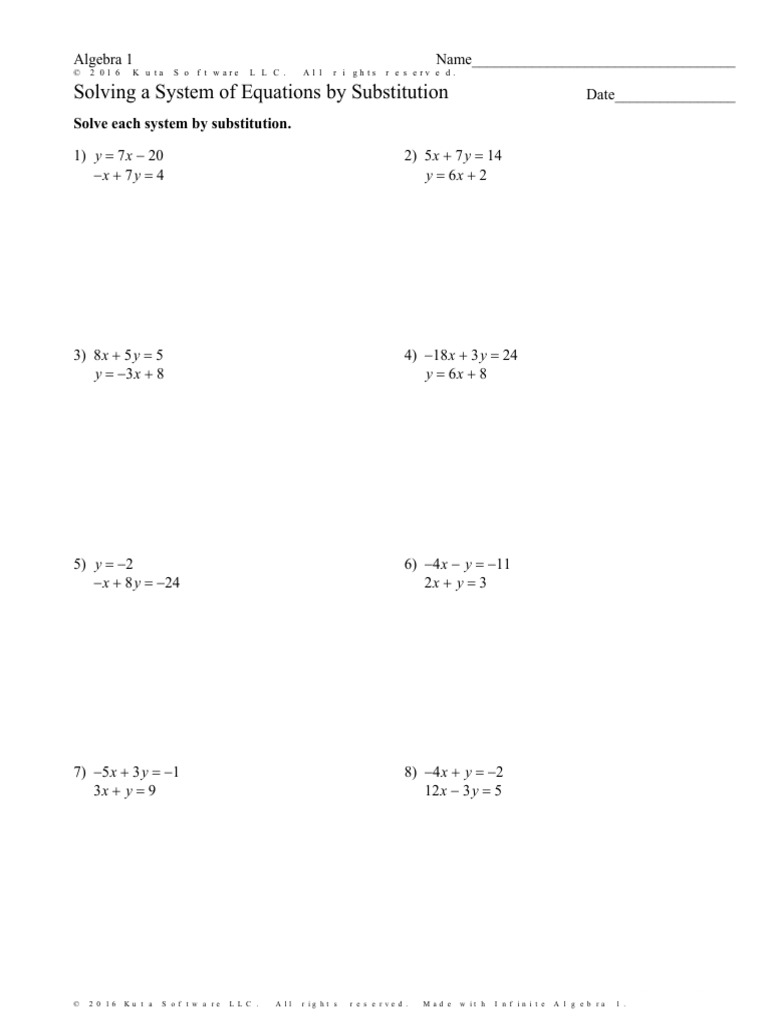Solving A System Of Equations By Substitution Worksheet Special Cases Equations Mathematical Objects