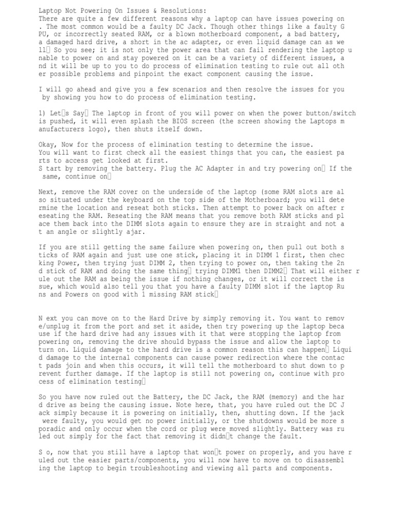 Laptop Not Powering On Issues & Resolutions PDF Laptop Printed