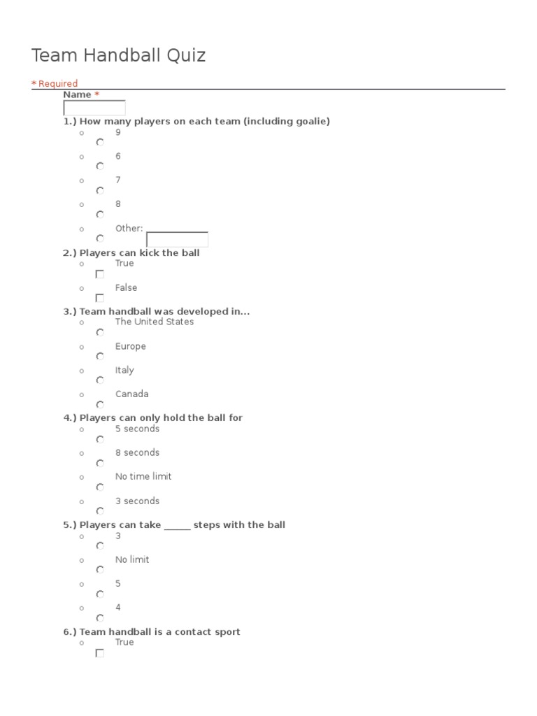 Team Handball Quiz PDF
