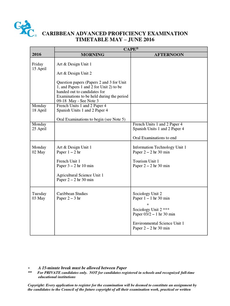 Timetable CAPE May-June 2016 Final | PDF