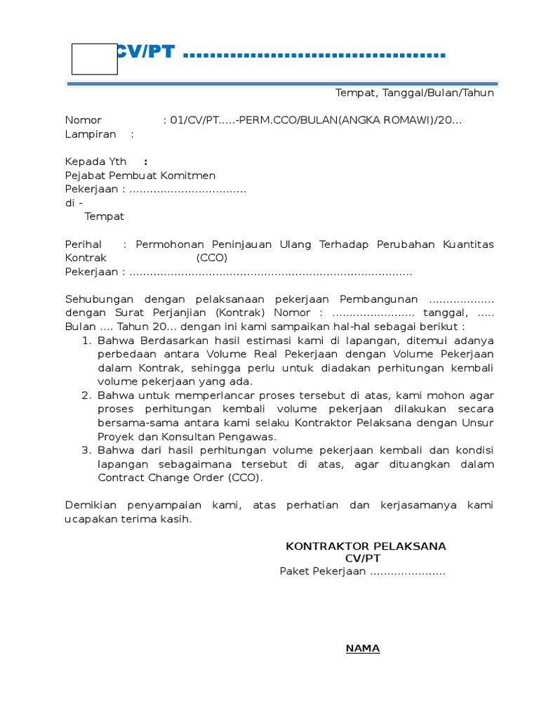 Contoh Surat Pelantikan Kontraktor