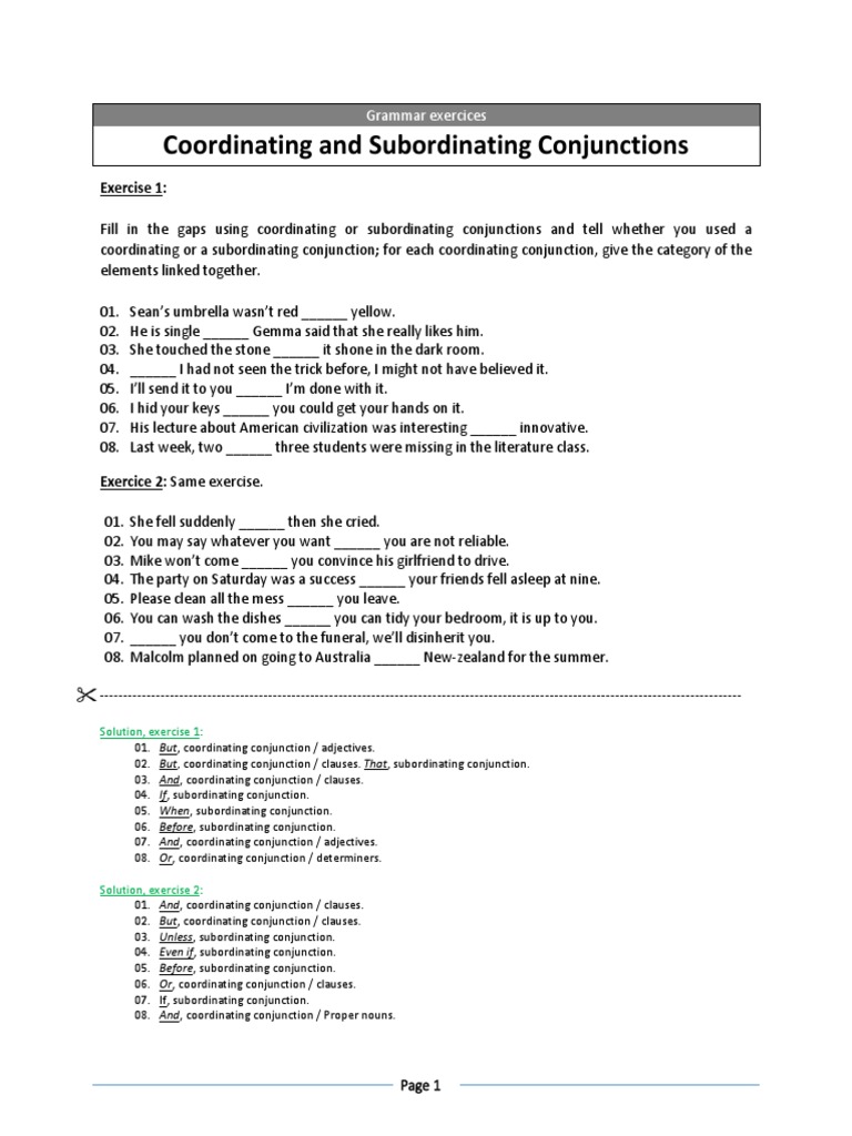 Conjunctions Exercises and Solutions | PDF
