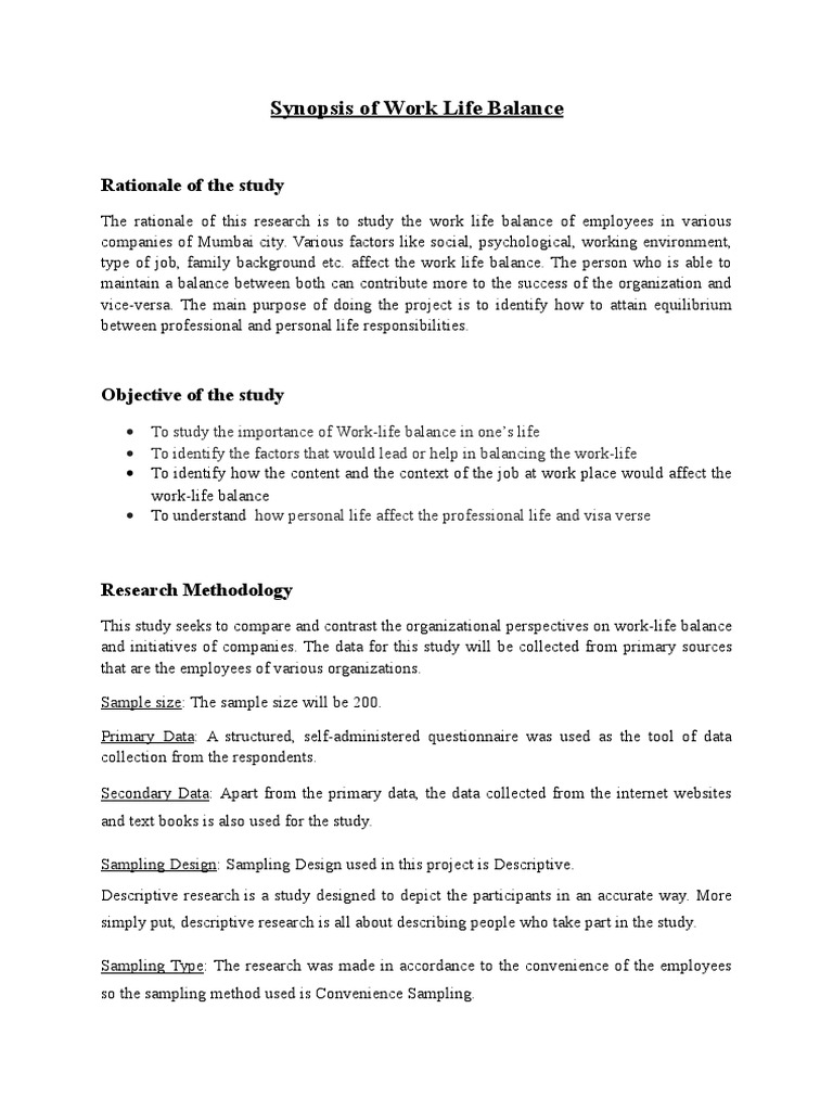 Synopsis | PDF | Work–Life Balance | Employment