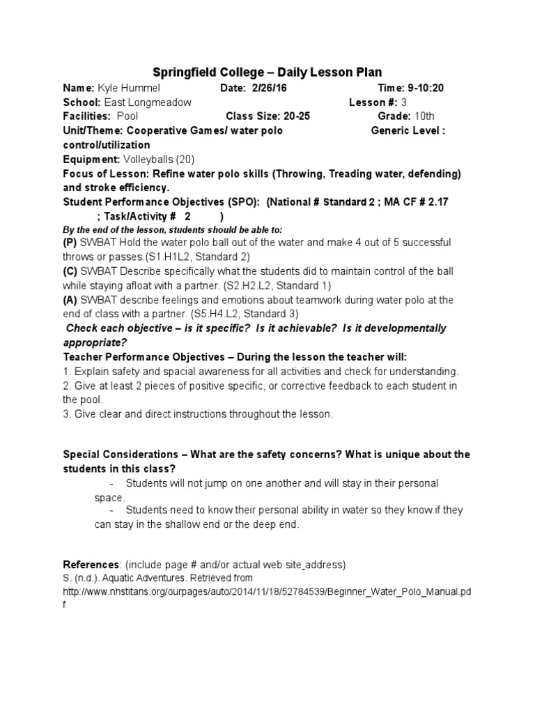 Springfield College - Daily Lesson Plan | PDF | Athletic Sports | Sports