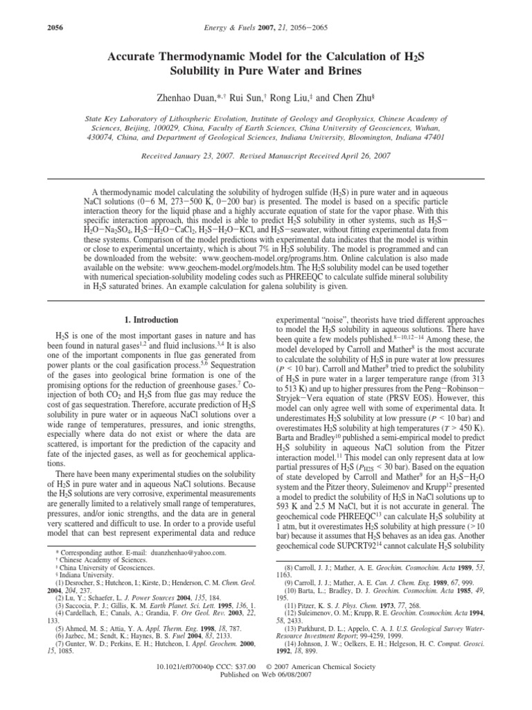 H2S Solubility in Water | PDF | Solubility | Physics