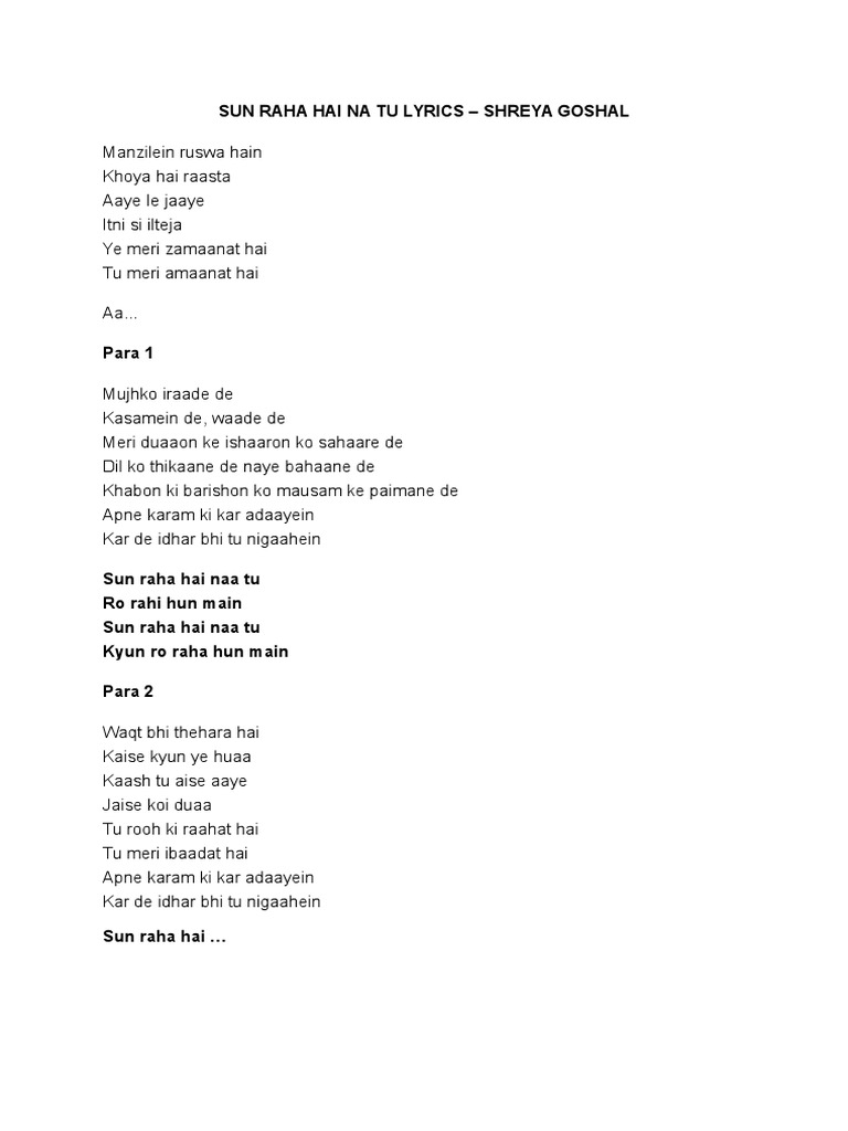 Sun Raha Hai Na Tu Lyrics Pdf