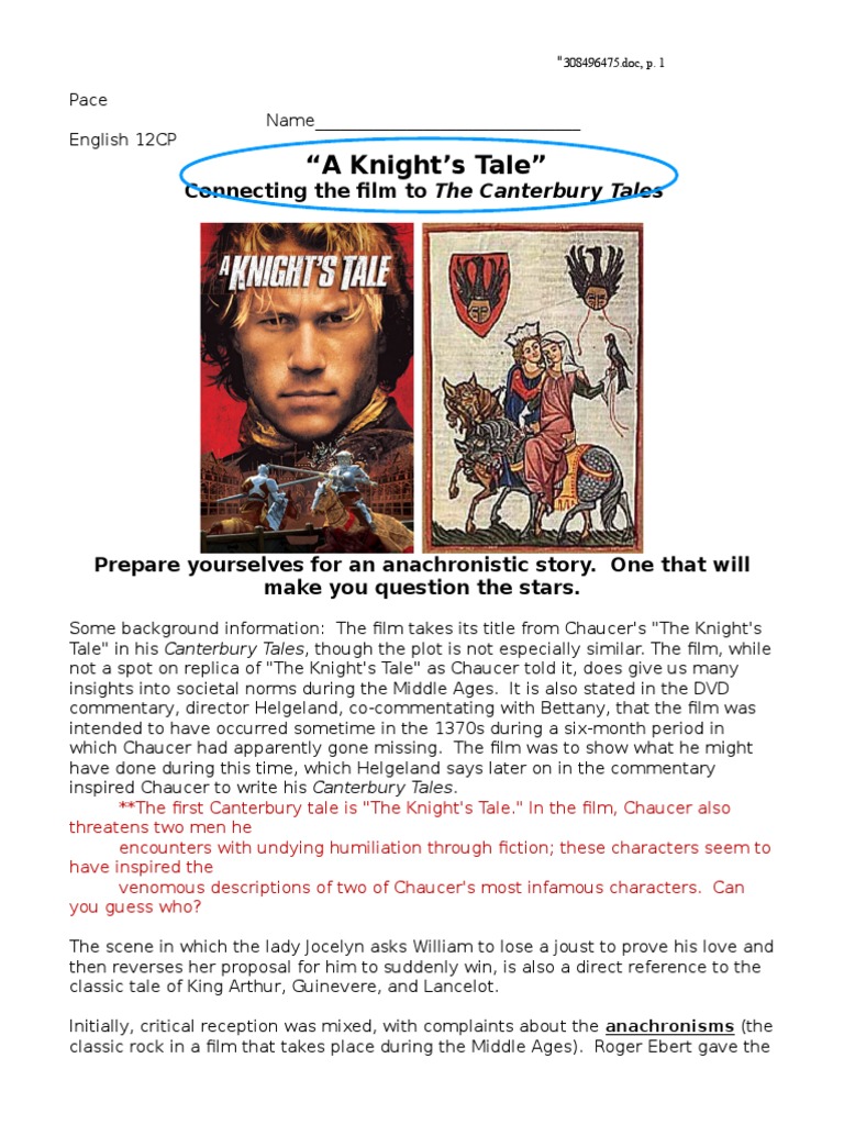 A Knight's Tale Film Study Guide 12 CP Fiction & Literature