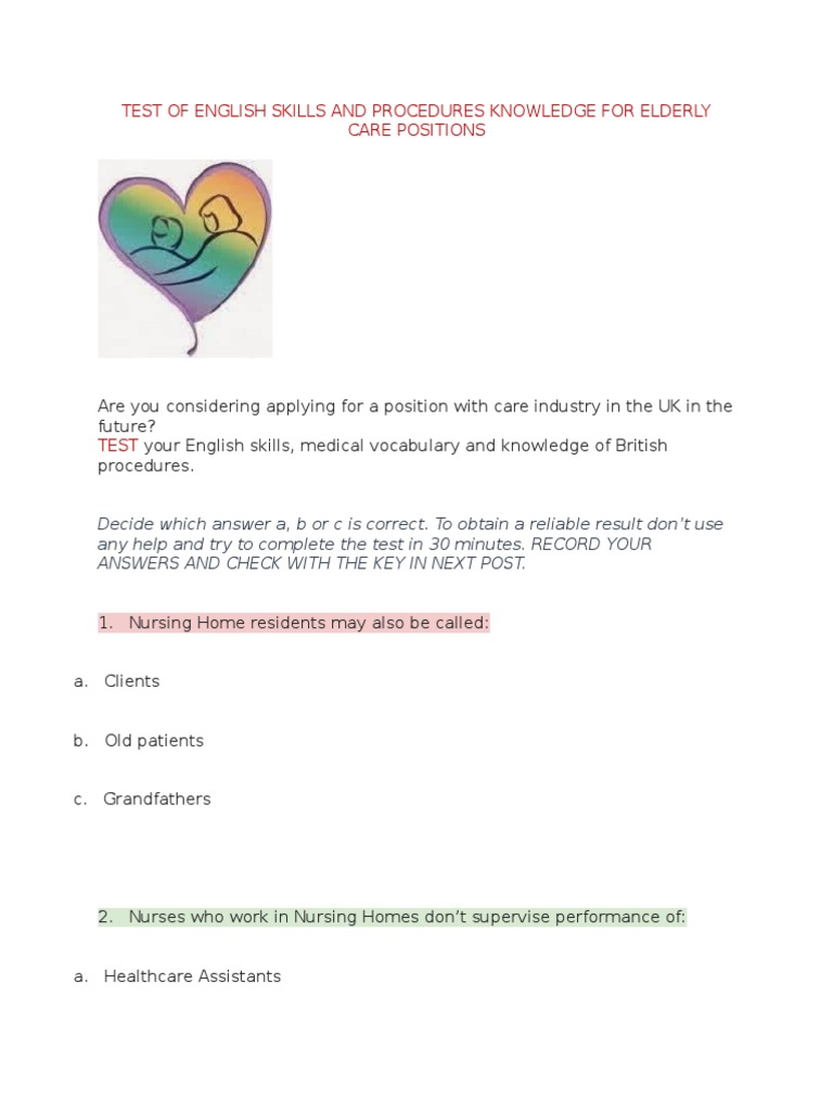 Test of English Skills and Procedures Knowledge For Elderly Care ...