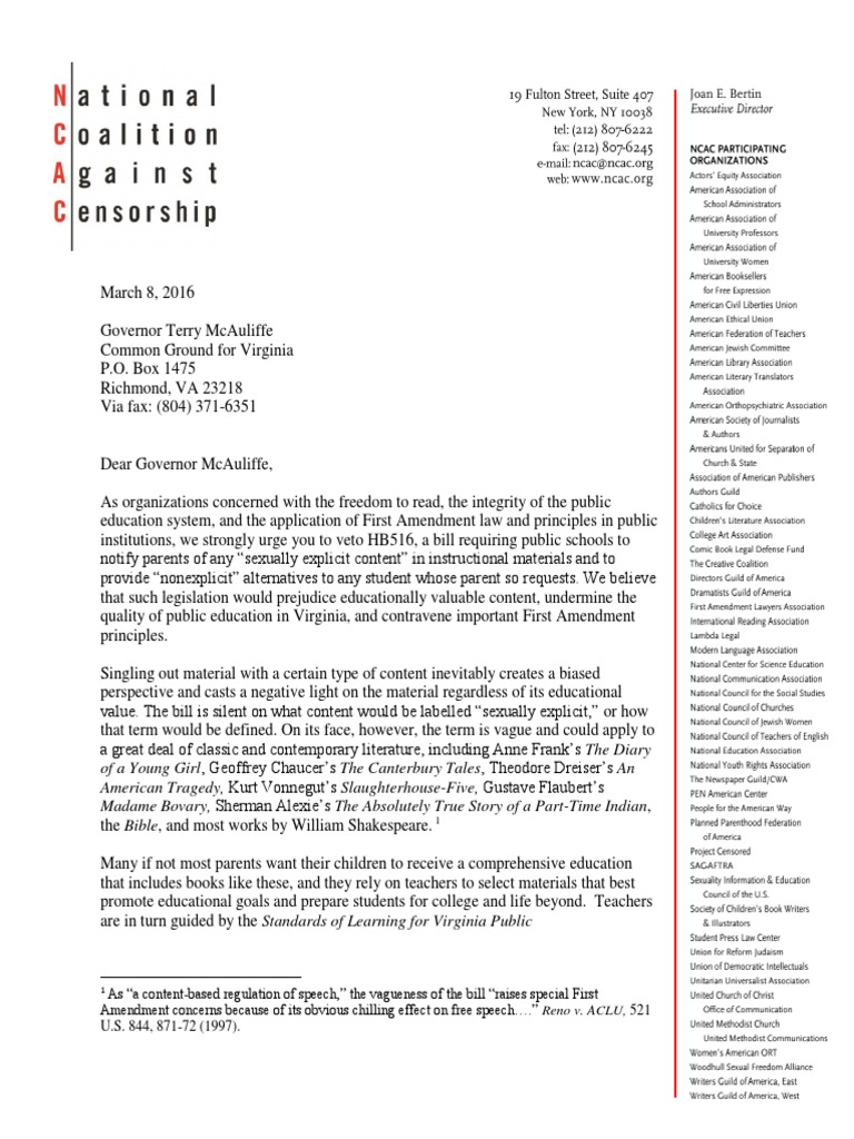 Veto Request for Virginia's HB516 Bill | PDF | First Amendment To The ...