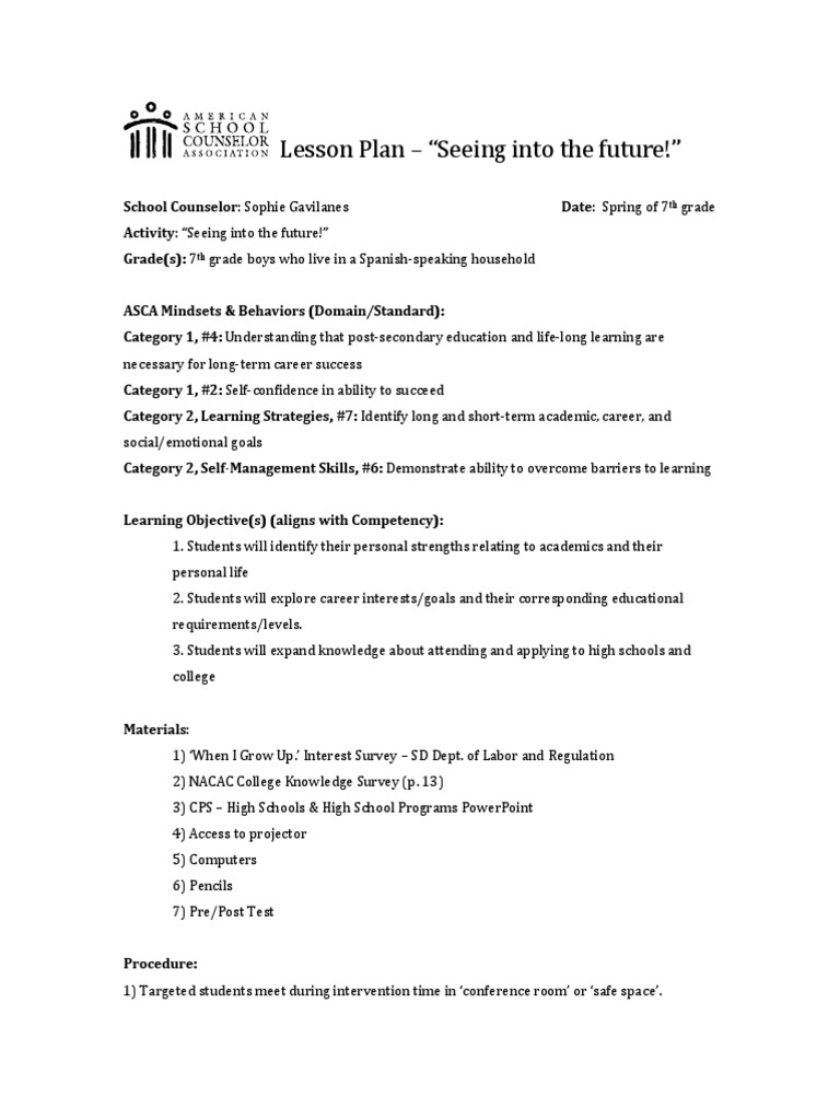 Grade 8 Career Exploration Lesson Plan | PDF | School Counselor ...