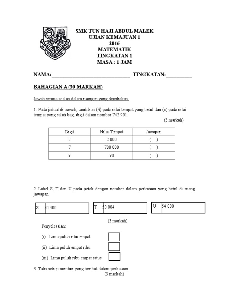 Matematik Ujian 1 2016