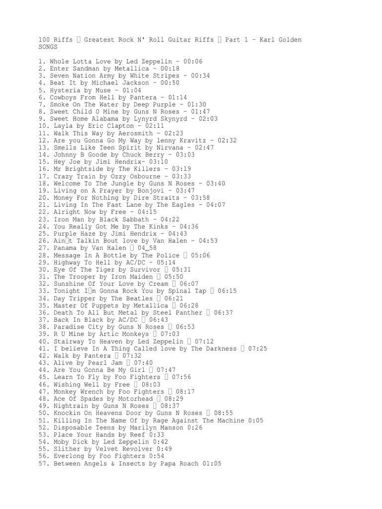 100 Riffs - Greatest Rock N' Roll Guitar Riffs | PDF | Rock Music ...