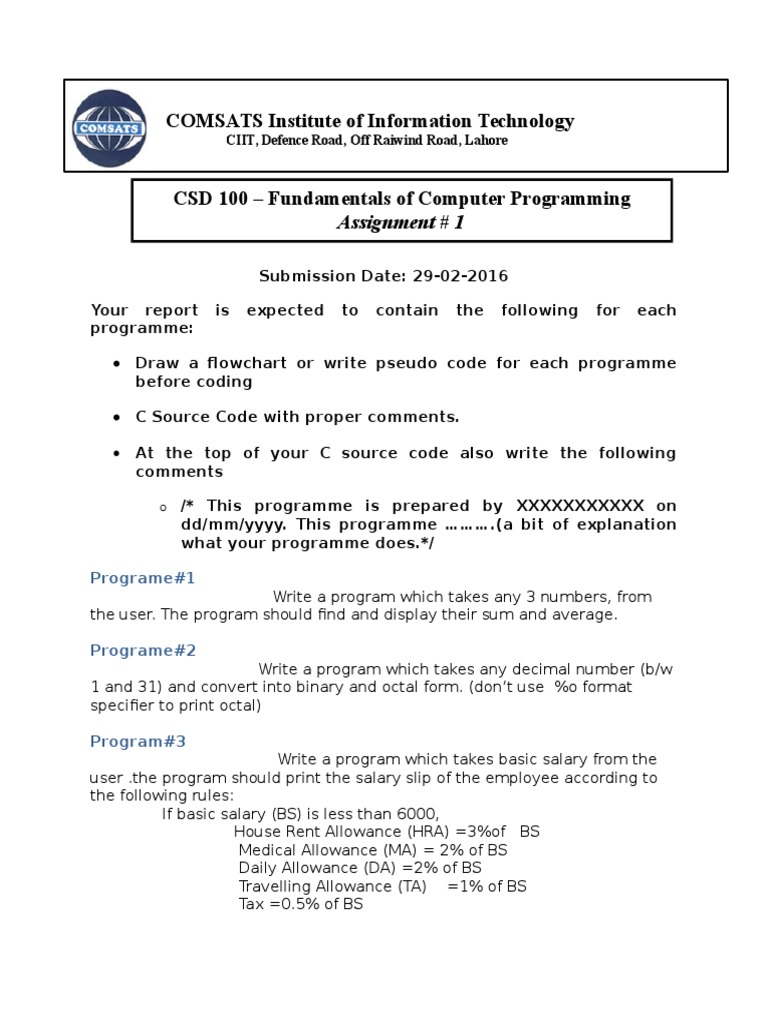 COMSATS Institute of Information Technology: Assignment # 1 | PDF ...