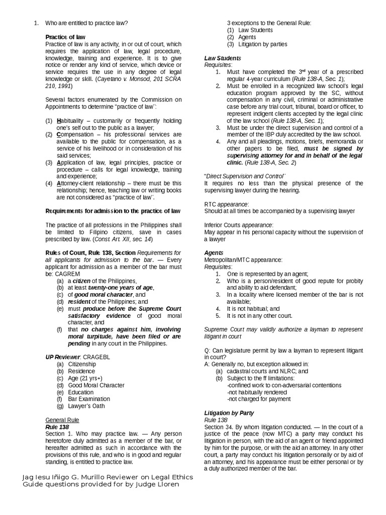 Legal Ethics Reviewer PDF Lawyer Practice Of Law