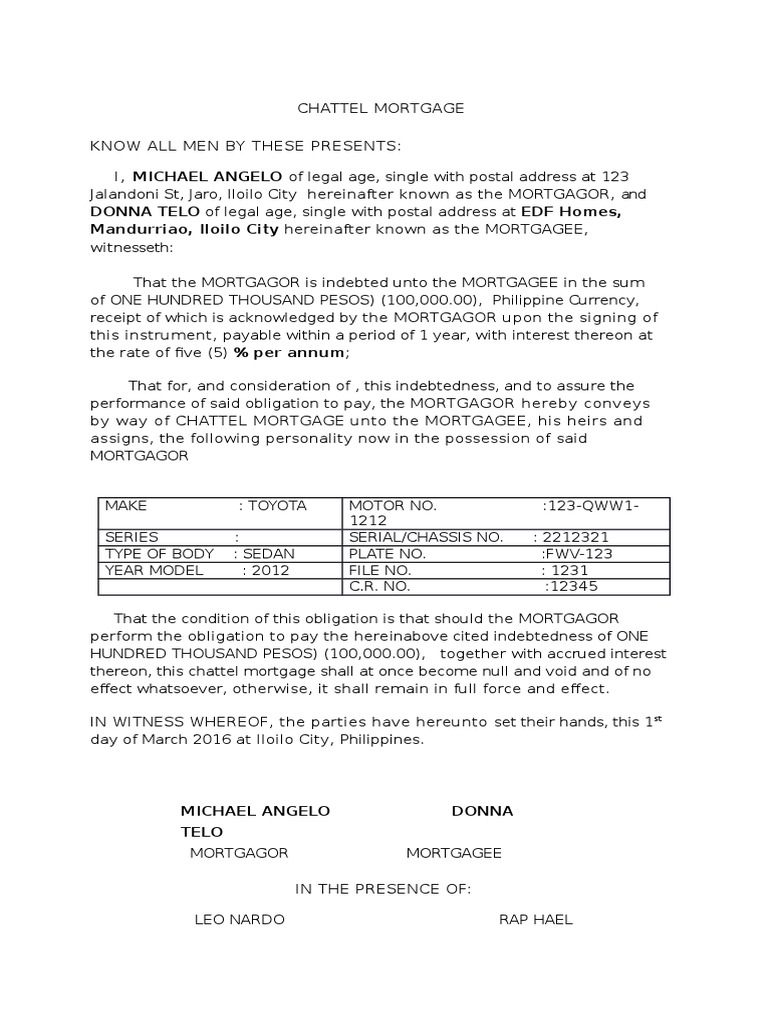 Chattel Mortgage of A Motor Vehicle