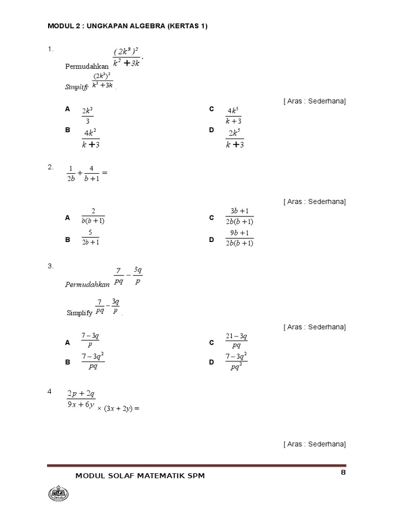 Modul Ungkapan Algebra SPM 2014 | PDF | Metode & Bahan Ajar