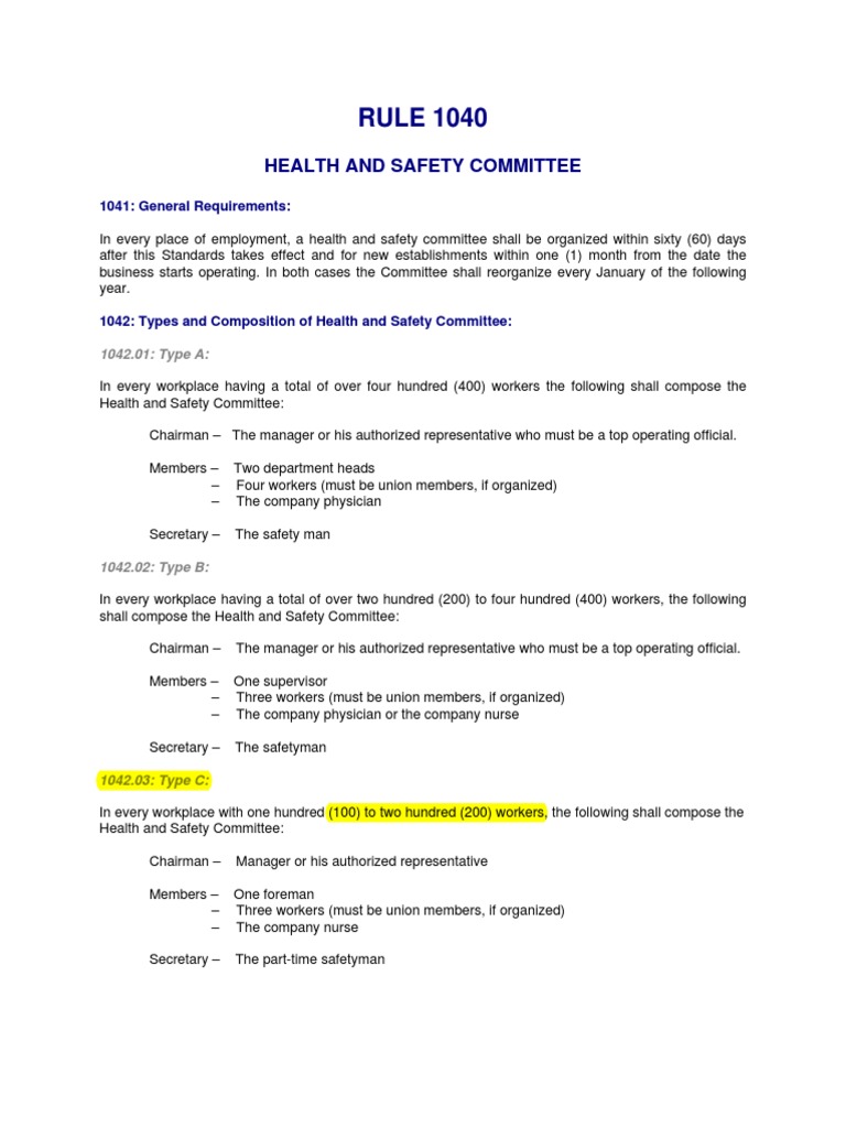 RULE 1040 Occupational Safety And Health Safety