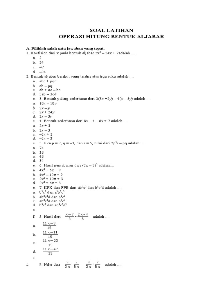 Soal Aljabar Kelas 7