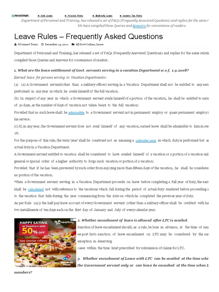 Govt Leave Rules FAQs 2011 | PDF | Faq | Government Finances