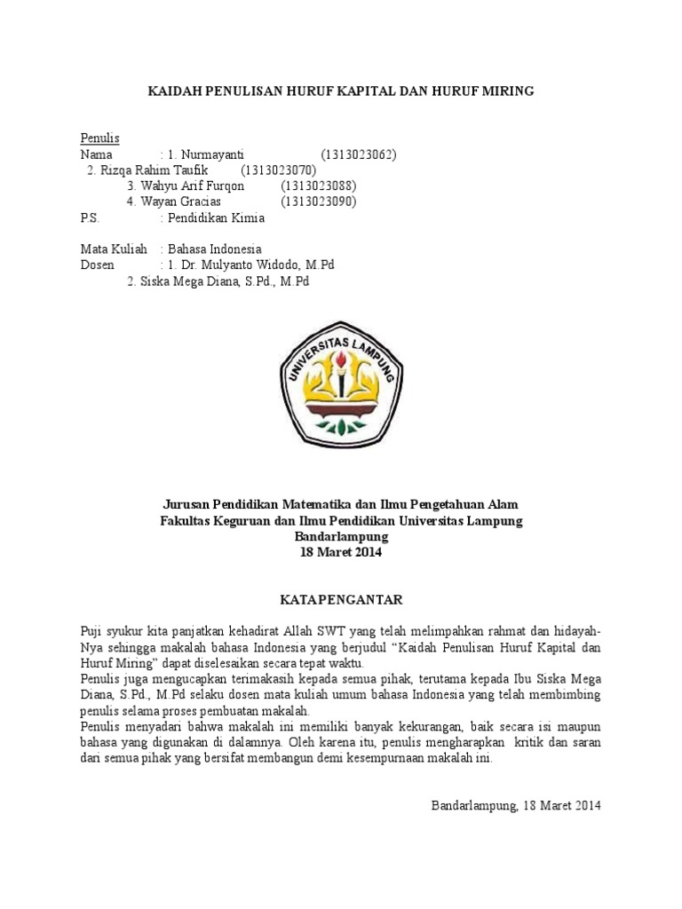 Kaidah Penulisan Huruf Kapital Dan Huruf Miring