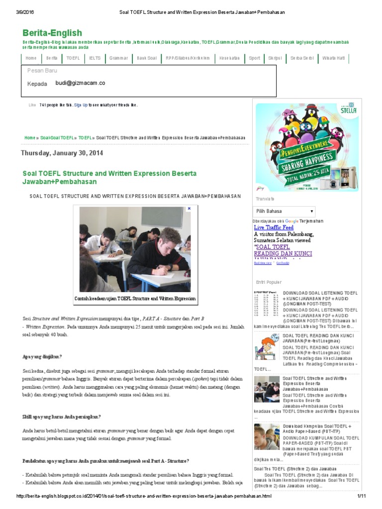 Soal Toefl Structure And Written Expression Beserta Jawaban Pembahasan