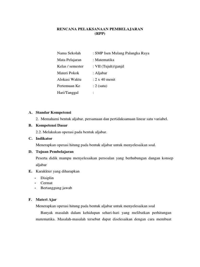 Rpp Penerapan Bentuk Aljabar Copy2