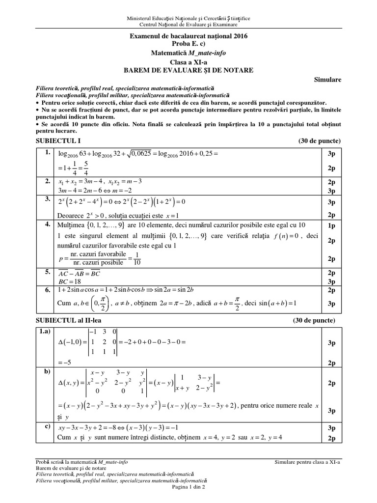 Barem Simulare Bac 2016 Matematica M MateInfo XI