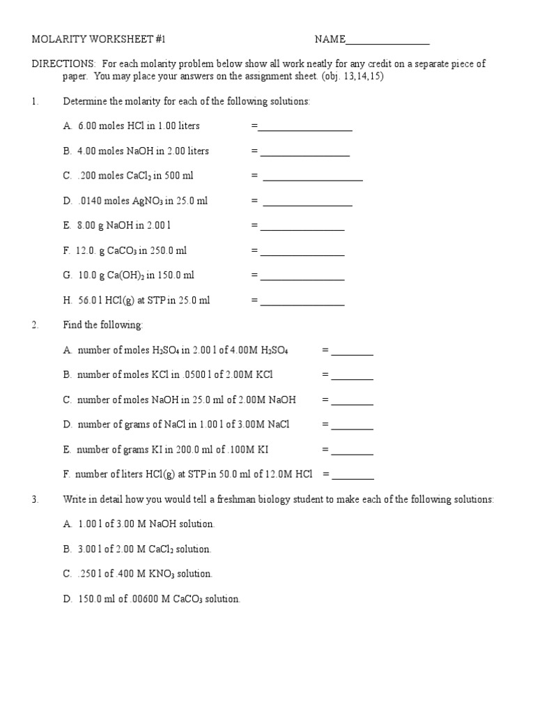 molarity worksheet 1 | Molar Concentration | Mole (Unit)