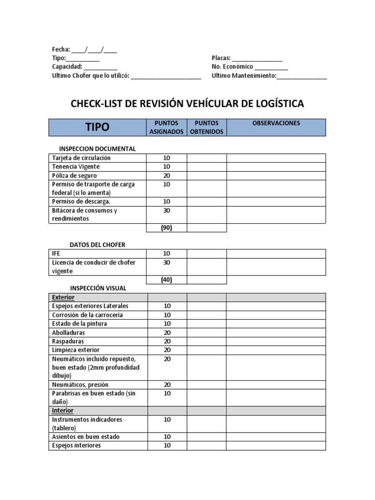 Check List Para la Revision Vehicular