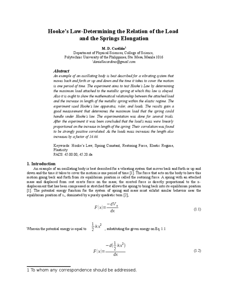 Hooke's Law Lab Report PDF Mass Correlation And Dependence