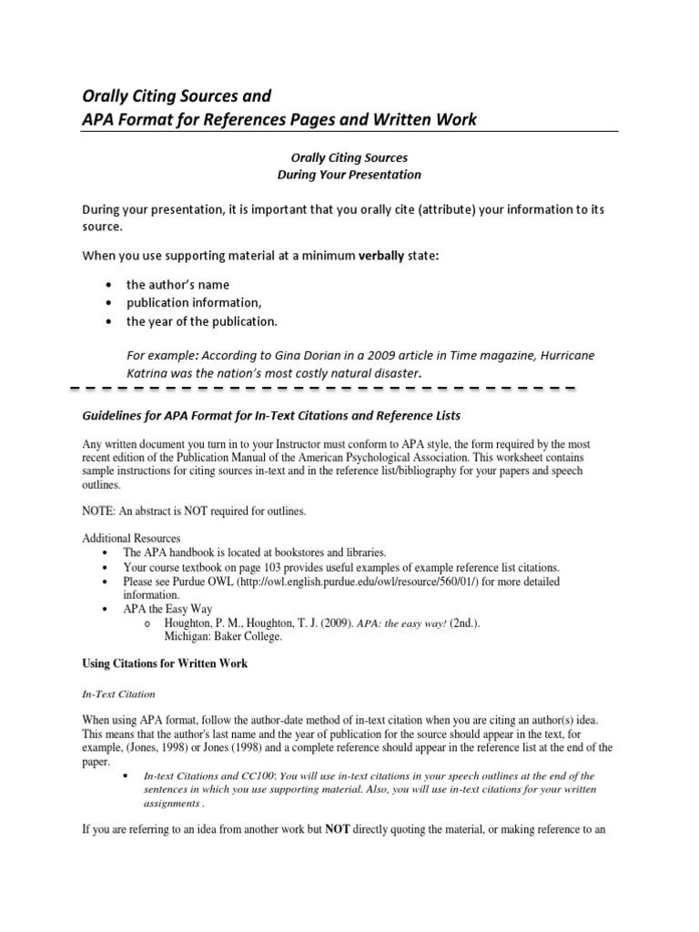 Oral and APA Citation Apa Style Citation