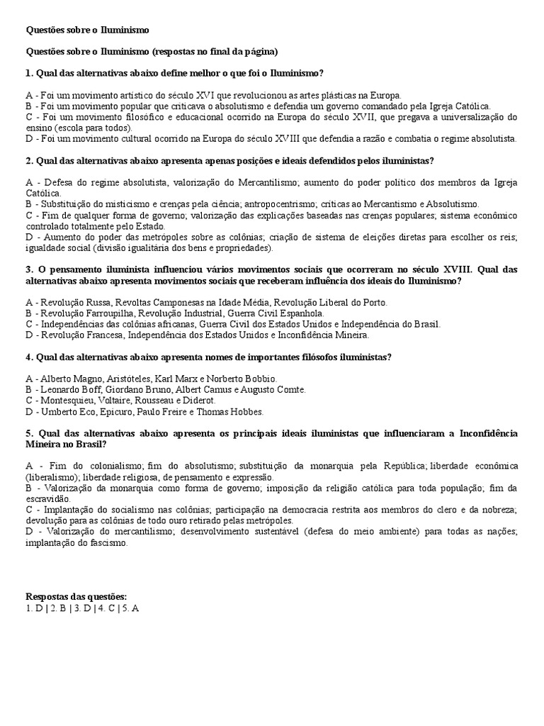 Questões Sobre o Iluminismo | PDF | Iluminismo | Revolução Francesa