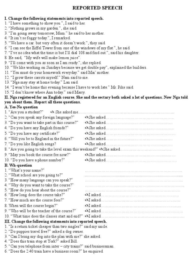 reported speech exercises pdf class 10