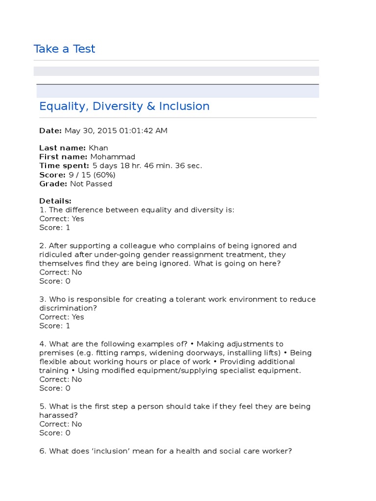 Equality and Diversity Test Results | PDF | Injustice | Equality Rights
