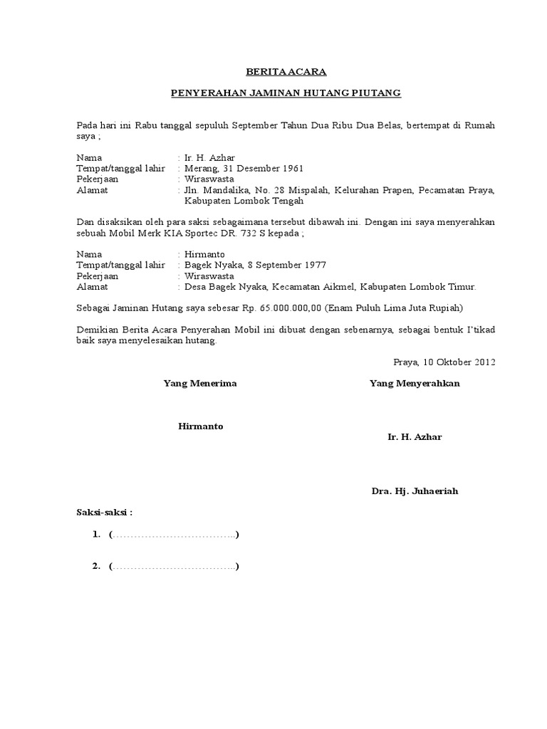 Berita Acara Penyerahan Hutang H Azhar