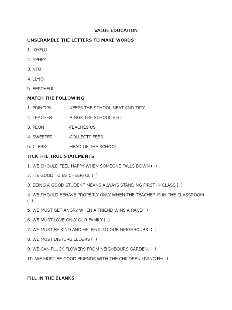 Value Education Worksheet | PDF