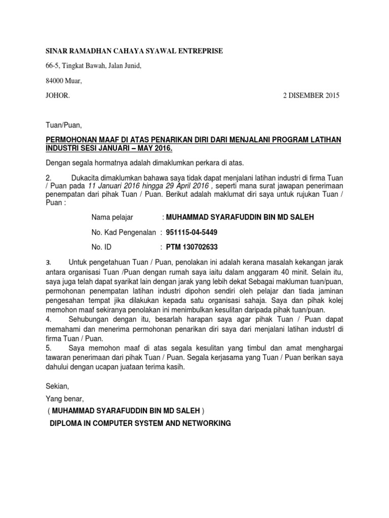 Contoh Surat Penolakan Praktikal English