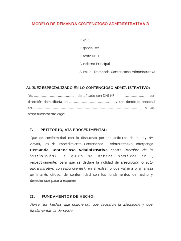 03 - Modelo Demanda Contencioso Administrativa 3 | PDF | Demanda judicial |  Ley procesal