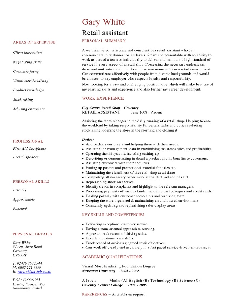Retail Assistant CV Template PDF Retail Sales