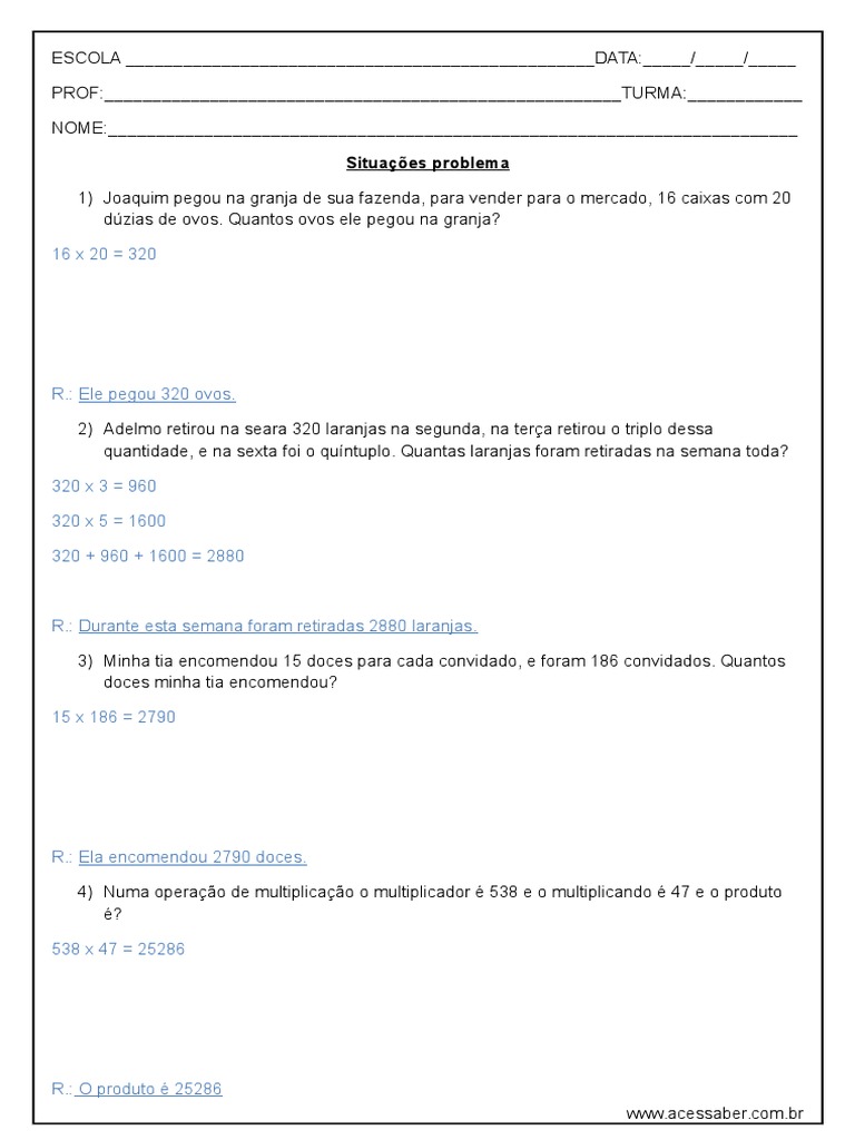 Problemas de Multiplicação para 4º Ano | PDF