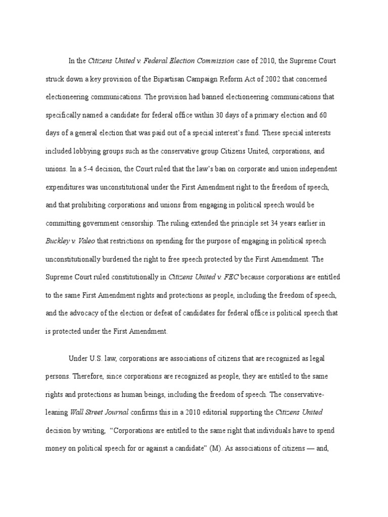Citizens United Case: Corporate Free Speech | PDF | Citizens United V ...