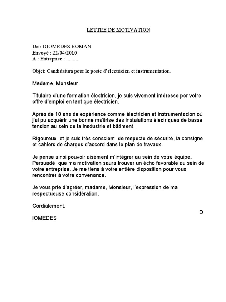 Lettre Motivation Electricien En Bâtiment  Herbert Bartley Lettre