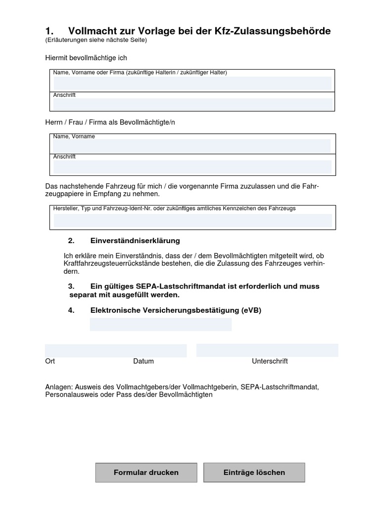 Vollmacht Zur Vorlage Bei Der Kfz Zulassungsbehoerde Pdf