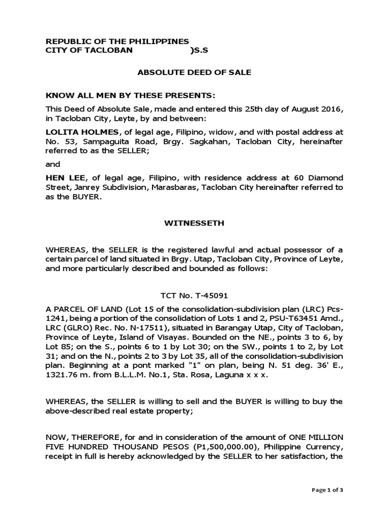 Absolute Deed of Sale Template Land Law Civil Law Law)