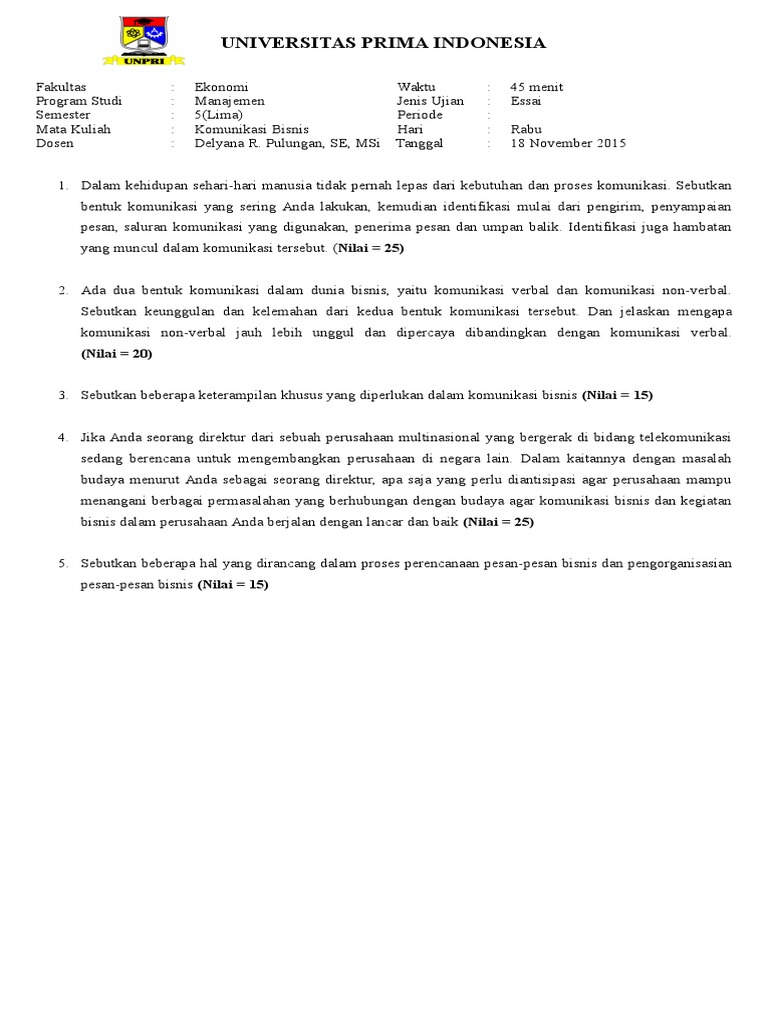 Soal Ujian Komunikasi Bisnis Uts