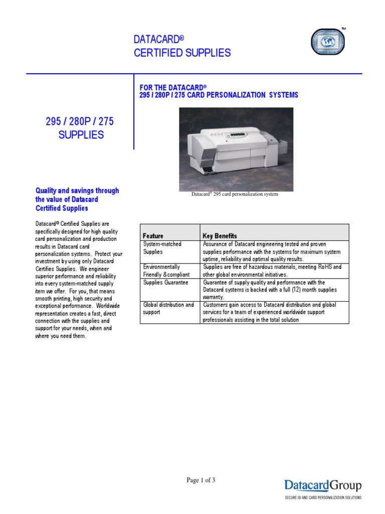 Datacard Certified Supplies: For The Datacard 295 / 280P / 275 Card ...