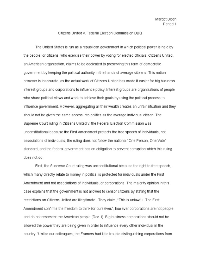 Citizens United v. FEC DBQ | PDF | Citizens United V. Fec | First ...