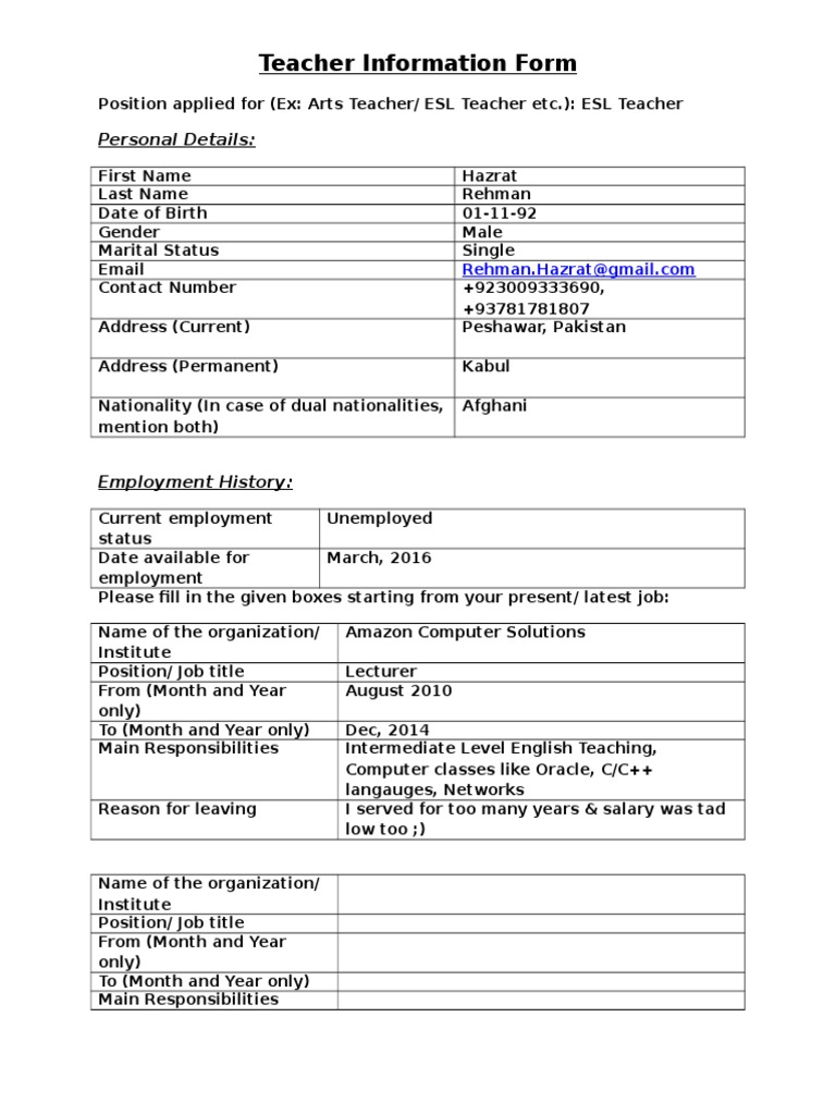 ESL Teacher Application Form | PDF | Teachers | Computing