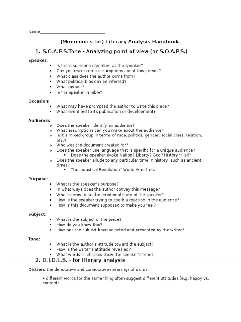 Literary Analysis SOAPSTone Plus Syntax Rhetoric